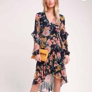 lulu's Alana Navy Blue Floral Print Long Sleeve Ruffled Midi Dress